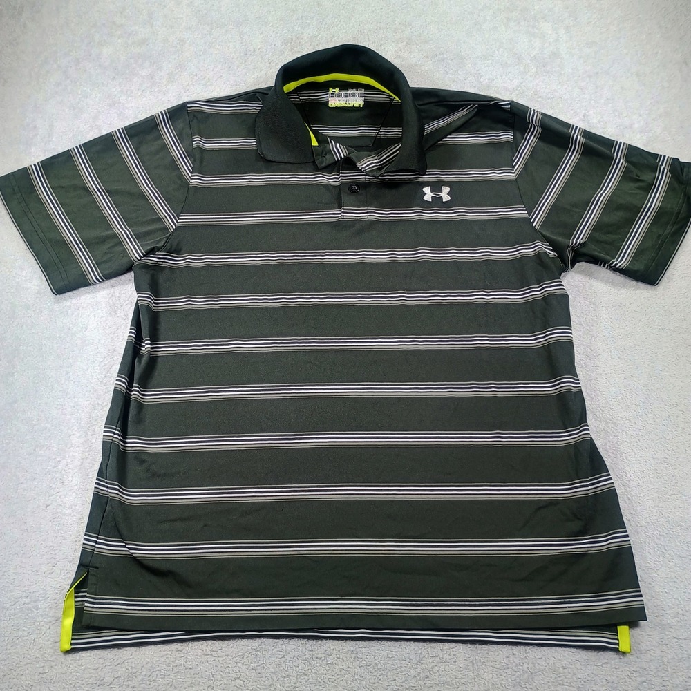 Under Armour Mens Catalyst Polo Green Medium Striped HeatGear Performance Shirt